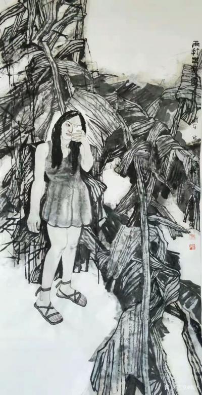 魏杰日记-国画人物画《吴城印象》《九嶺秋色》《雨后芭蕉图》乙亥年秋作品；尺寸四尺竖幅68X【图3】