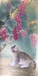 艺术品图片：艺术家汪林国画作品名称《猫与蚂蚱“秋趣”》价格800.00 元