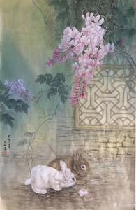 汪林国画作品《簕杜鹃花下的双兔图》价格800.00元