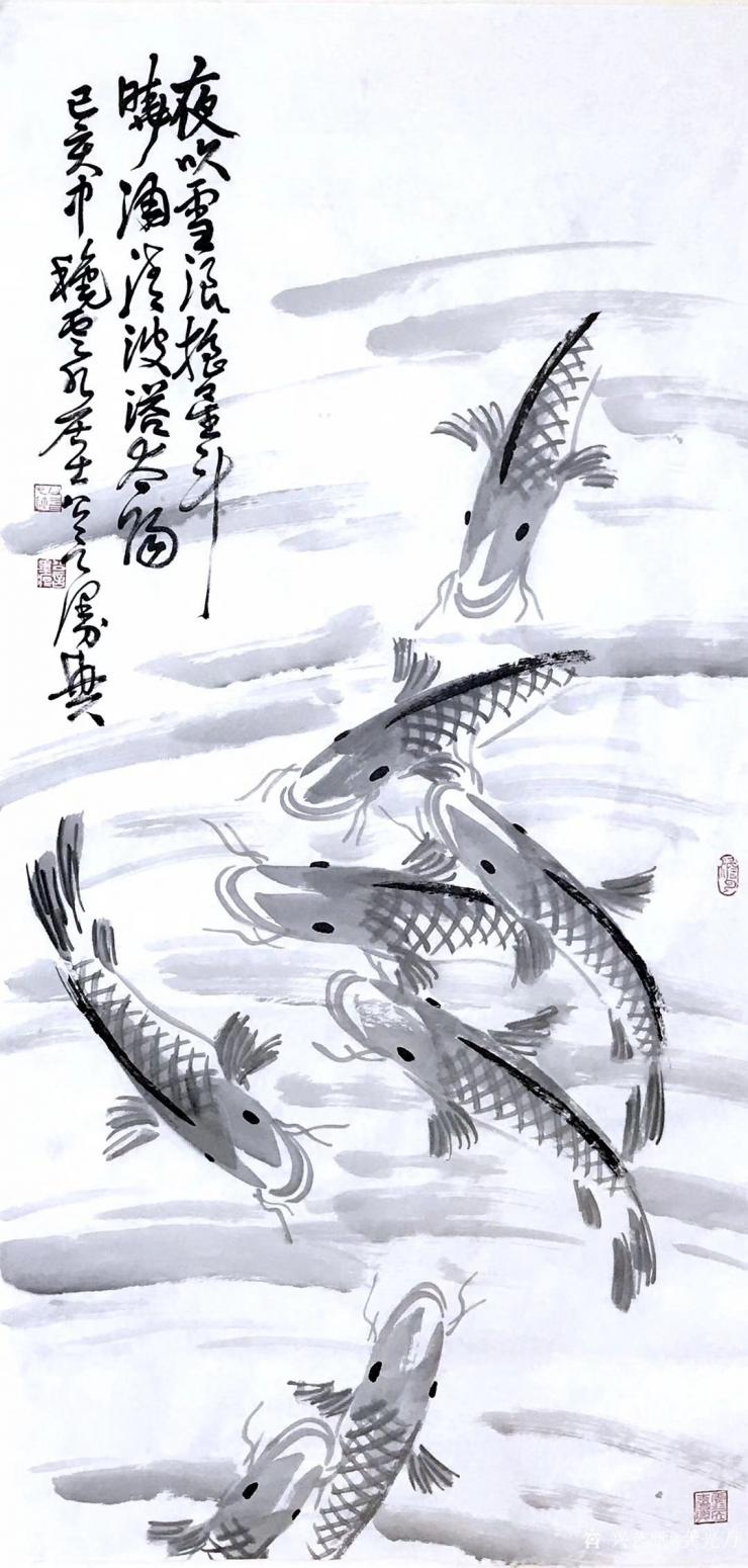 龚光万国画作品《鱼-夜吹雪浪摇星斗》