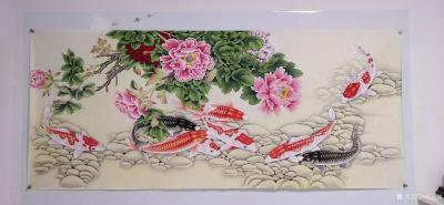 胡记领日记-国画牡丹作品牡丹孔雀，牡丹金鱼，尺寸小八尺98X240CM，欢迎订制。【图1】