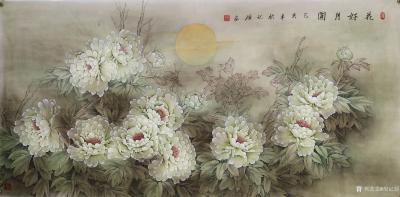 胡记领日记-国画淡彩工笔花鸟画《花好月圆》，作品尺寸六尺180X98CM；欢迎订制【图1】