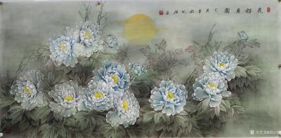 胡记领日记-国画淡彩工笔花鸟画《花好月圆》，作品尺寸六尺180X98CM；欢迎订制【图2】