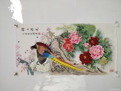 胡记领日记-近期精品工笔力作《牡丹金鱼》四尺斗方，国画牡丹锦鸡《锦上添花》四尺竖幅；国画公鸡【图4】