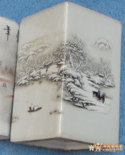 荆古轩收藏-旧藏二个漂亮的瓷器笔筒：1，咏雪四方瓷器山水笔筒。款“许人”2，雪景人物山水瓷器【图9】