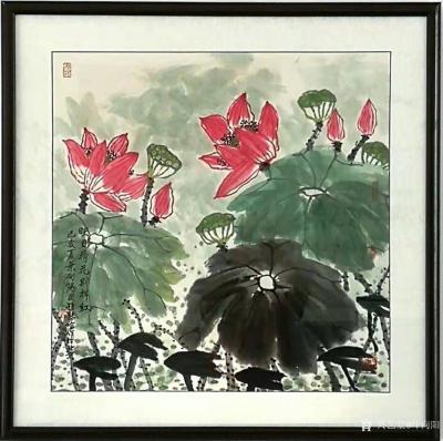 叶向阳日记-国画花鸟画荷花《映日荷花别样红》桃子《双寿图》尺寸四尺斗方68X68CM;
 【图1】