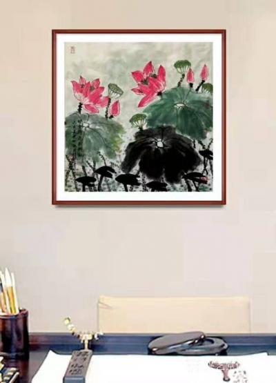 叶向阳日记-国画花鸟画荷花《映日荷花别样红》桃子《双寿图》尺寸四尺斗方68X68CM;
 【图2】