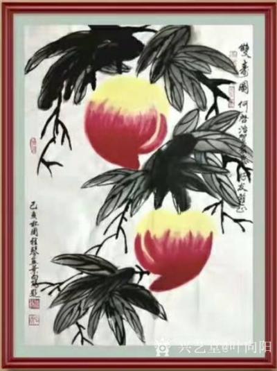 叶向阳日记-国画花鸟画荷花《映日荷花别样红》桃子《双寿图》尺寸四尺斗方68X68CM;
 【图3】