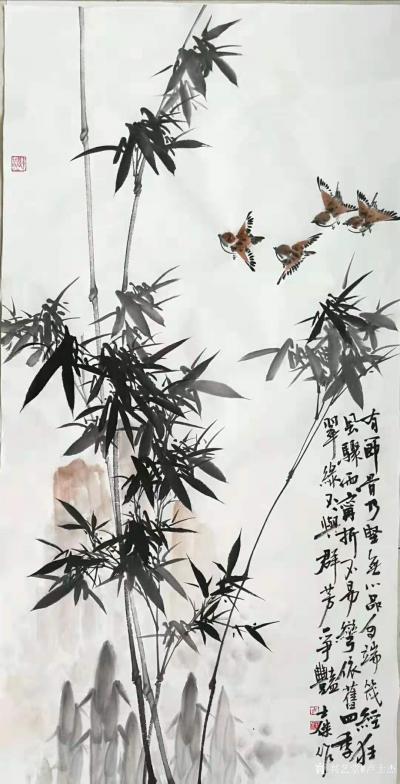 卢士杰日记-国画花鸟竹子系列作品《平安幸福一家亲》《竹报平安》尺寸四尺横幅68X138cm,【图3】
