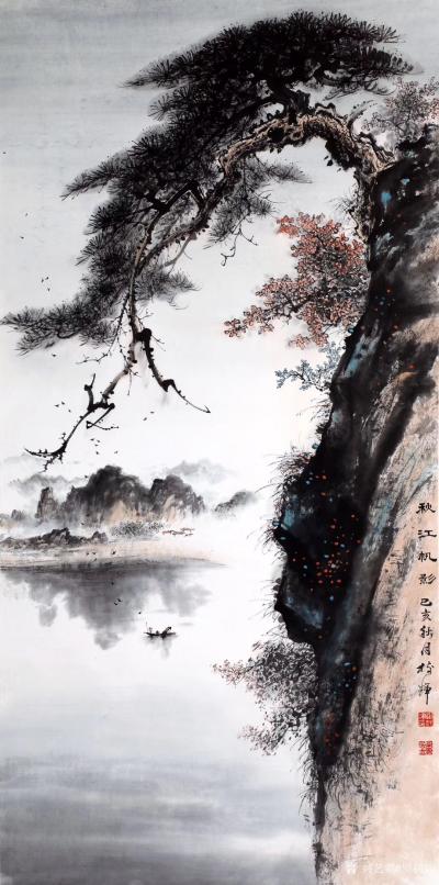 罗树辉日记-国画松树山水《秋江帆影》，尺寸四尺整纸68X138Cm，乙亥年秋月新作，附局部图【图1】