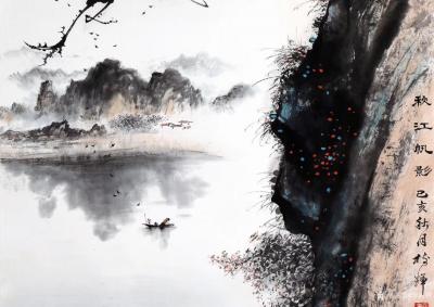 罗树辉日记-国画松树山水《秋江帆影》，尺寸四尺整纸68X138Cm，乙亥年秋月新作，附局部图【图3】