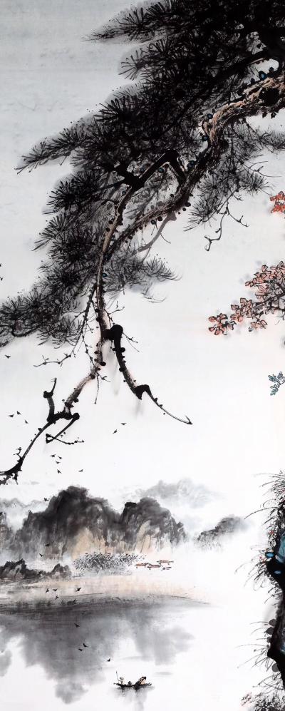 罗树辉日记-国画松树山水《秋江帆影》，尺寸四尺整纸68X138Cm，乙亥年秋月新作，附局部图【图4】