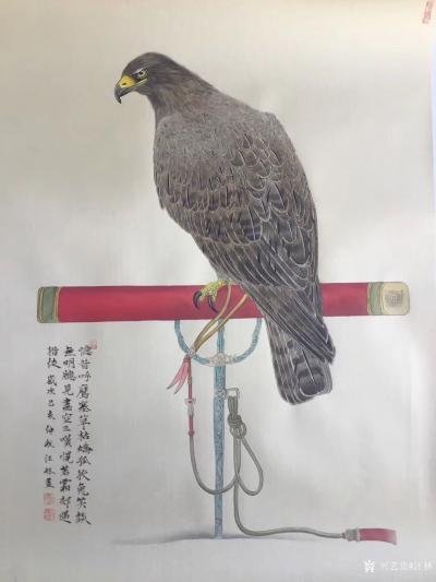 汪林日记-国画工笔花鸟画《鹰》，题“忆昔呼鹰塞草枯,妖狐狡兔笑谈无。明窗见画空三叹,恍若霜【图1】