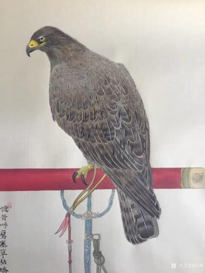 汪林日记-国画工笔花鸟画《鹰》，题“忆昔呼鹰塞草枯,妖狐狡兔笑谈无。明窗见画空三叹,恍若霜【图2】