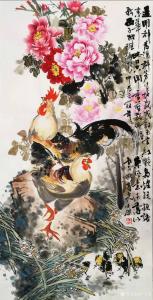 艺术品图片：艺术家卢士杰国画作品名称《公鸡牡丹》价格1800.00 元