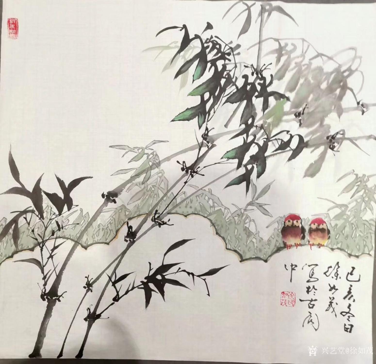 徐如茂国画作品《花鸟-竹下双栖图》