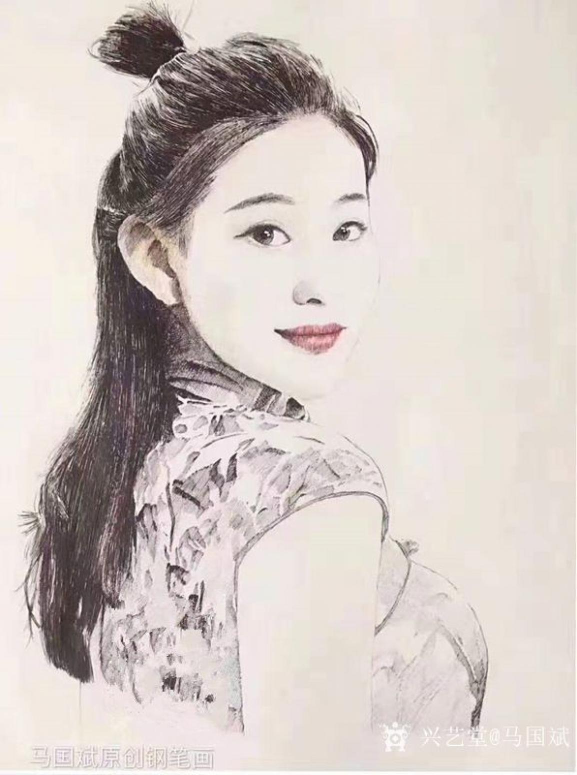马国斌国画作品《钢笔画-人物肖像画女》