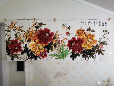 王长泉日记-国画牡丹画《花开复古春满园》，尺寸四尺横幅68X138厘米，庚子年作品。
 这【图1】