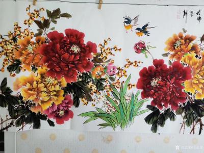 王长泉日记-国画牡丹画《花开复古春满园》，尺寸四尺横幅68X138厘米，庚子年作品。
 这【图4】