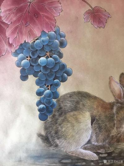 汪林日记-国画工笔花鸟画《葡萄下的兔子》尺寸58x48cm，新创作完成，分享整图及作品局部【图3】