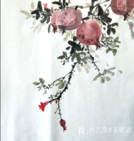 艺术家董献省日记:国画花鸟画《山石榴》：
似火山榴映小山，繁中能薄艳中闲。一【图2】