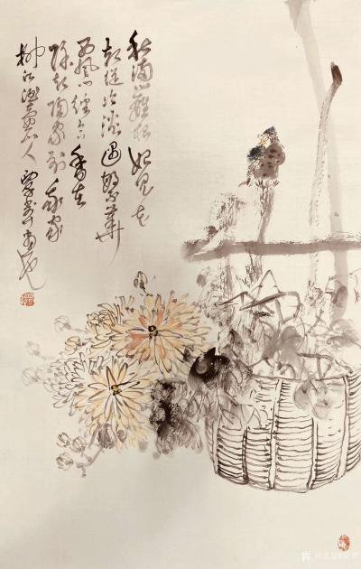 覃莽日记-国画菊花作品欣赏《秋满篱根始见花，却从冷淡遇繁华。西风问径含香在，除却陶家到我家【图1】