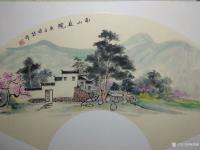 艺术家杨增超日记:国画山水画重彩扇面作品《黄色云烟》《南山庭院》《旭日东升》，【图3】