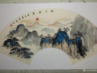 杨增超日记-国画山水画重彩扇面作品《黄色云烟》《南山庭院》《旭日东升》，作品尺寸扇面35X6【图5】