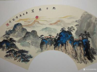 杨增超日记-国画山水画重彩扇面作品《黄色云烟》《南山庭院》《旭日东升》，作品尺寸扇面35X6【图6】