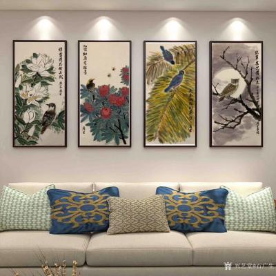 石广生日记-半夜又画了国画花鸟画四条屏。根据画面内容，每幅写一句诗，四幅四句，合成一首七绝：【图6】