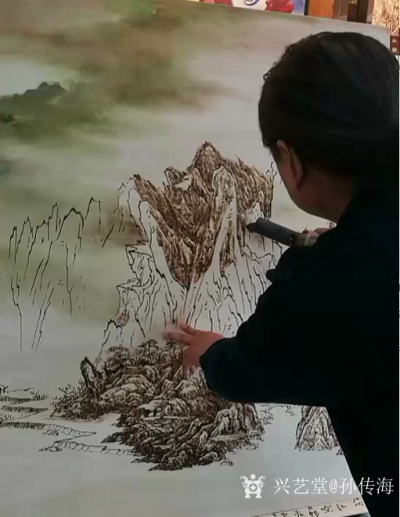 孙传海日记-新创作的烙画山水画《川江行舟图》，尺寸八尺244cmx122cm；
创作中，开【图1】