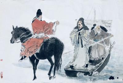 王晓鹏日记-国画水墨人物画取李白“黄鹤楼送孟浩然之广陵”诗意而创作；
  诗文：故人西辞黄【图1】