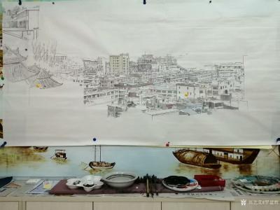 罗建辉日记-国画山水建筑红色革命老区《兴宁大坪镇新貌》，罗建辉故乡作品庚子春画。
 没完成【图2】