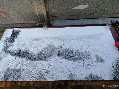 罗建辉日记-国画山水建筑红色革命老区《兴宁大坪镇新貌》，罗建辉故乡作品庚子春画。
 没完成【图4】