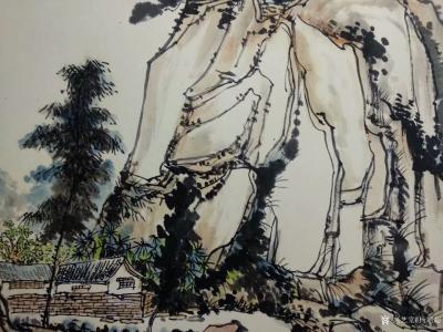 杨增超日记-国画山水画作品《山村初晴》彩墨画，卡纸，尺寸斗方50x50cm；
庚子年春月杨【图2】