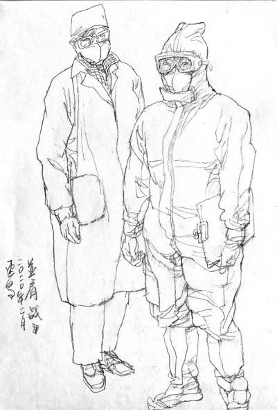 赵国毅日记-抗击新型冠状病毒疫情人物速写作品《争分夺秒》《武汉方庄医院的医生》《并肩战斗》《【图3】