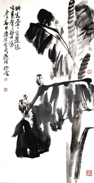 甘庆琼日记-国画花鸟芭蕉系列作品《映窗叶叶芭蕉绿，啼鸟声声新雨余》作品尺寸四尺竖幅68X13【图1】