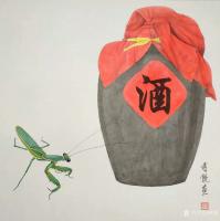 艺术家傅饶日记:原创国画动物禅意画小品《螳螂问禅》《蚂蚱悟佛》《螳螂醉酒》《【图2】