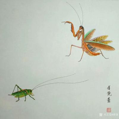 傅饶日记-原创国画动物禅意画小品《螳螂问禅》《蚂蚱悟佛》《螳螂醉酒》《螳螂斗蚂蚱》，尺寸四【图4】