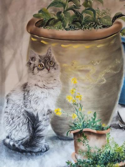 罗虹明日记-国画花鸟画《招财猫》春意盎然。尺寸四尺整张，标价400。【图2】