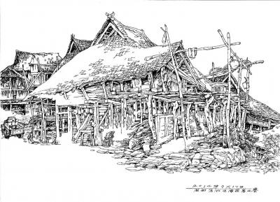 阎敏日记-阎敏版画写生作品《山寨风情》四幅，请欣赏。【图1】