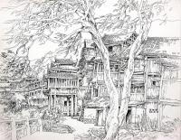 艺术家阎敏日记:阎敏版画写生作品《山寨风情》四幅，请欣赏。【图1】