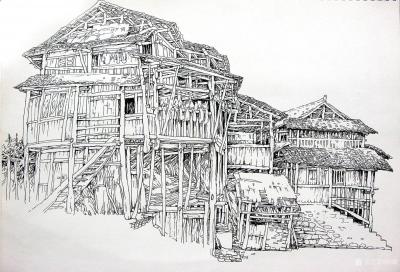 阎敏日记-阎敏版画写生作品《山寨风情》四幅，请欣赏。【图4】