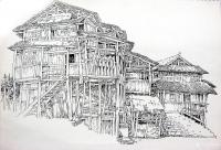 艺术家阎敏日记:阎敏版画写生作品《山寨风情》四幅，请欣赏。【图3】