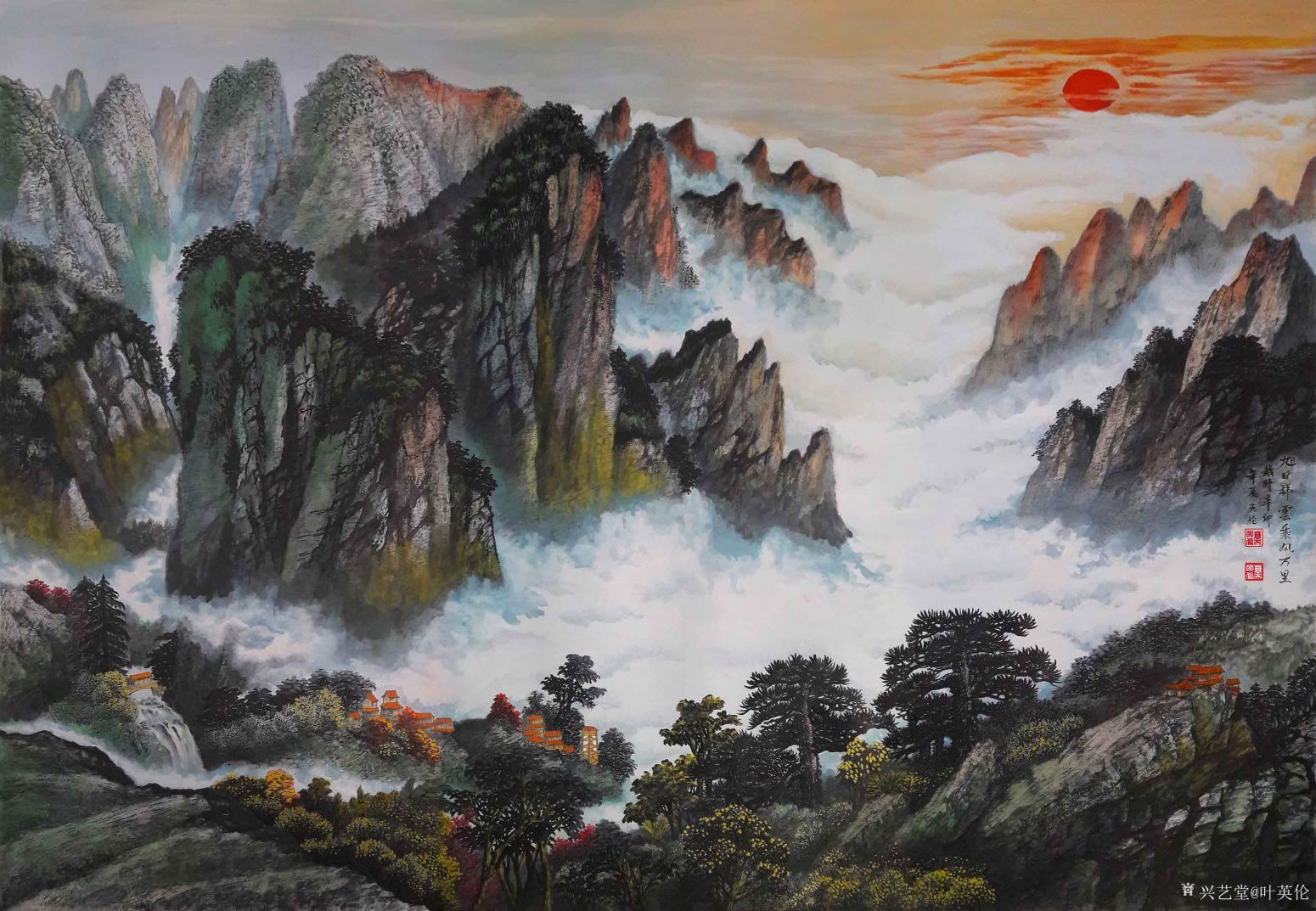 叶英伦国画作品《旭日祥云乘风万里》