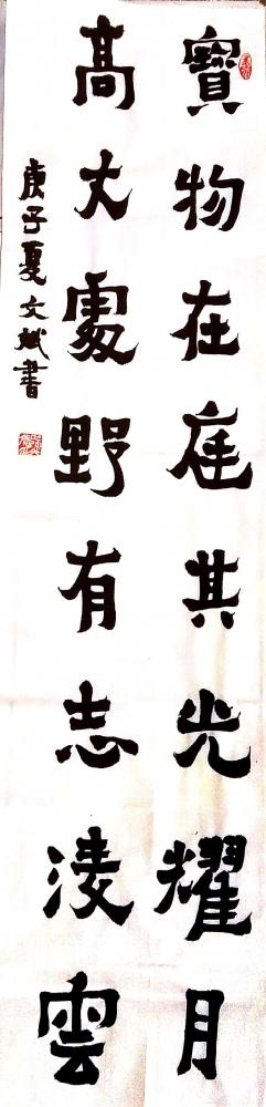 陈文斌日记-书法作品：宝物在庭其光耀月 高才处野有志凌云。
爨宝子碑作品！
庚子年夏月陈【图1】