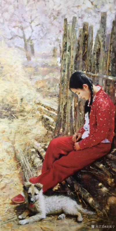 凌振宁日记-油画人物画《穿红衣服的农家姑娘》；
画的是一种情怀，看画似乎耳畔响起那首《村里【图3】