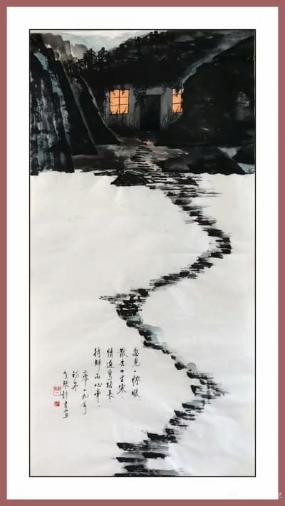 秦发艺日记-表意画《忽见一灯暖，散去十里寒》，秦发艺诗书画于二零一九年初冬；
忽见一灯暖，【图1】