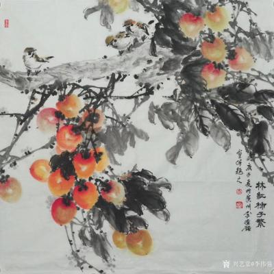 李伟强日记-国画花鸟画《林红柿子繁》《红梅小品画》尺寸四尺斗方68X68CM；;
附创作感【图1】