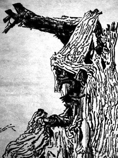 马培童日记-《焦墨大写意中的用枯笔枯浓枯焦的变化》童心写历（7）焦墨画大写意特色四；
  【图1】